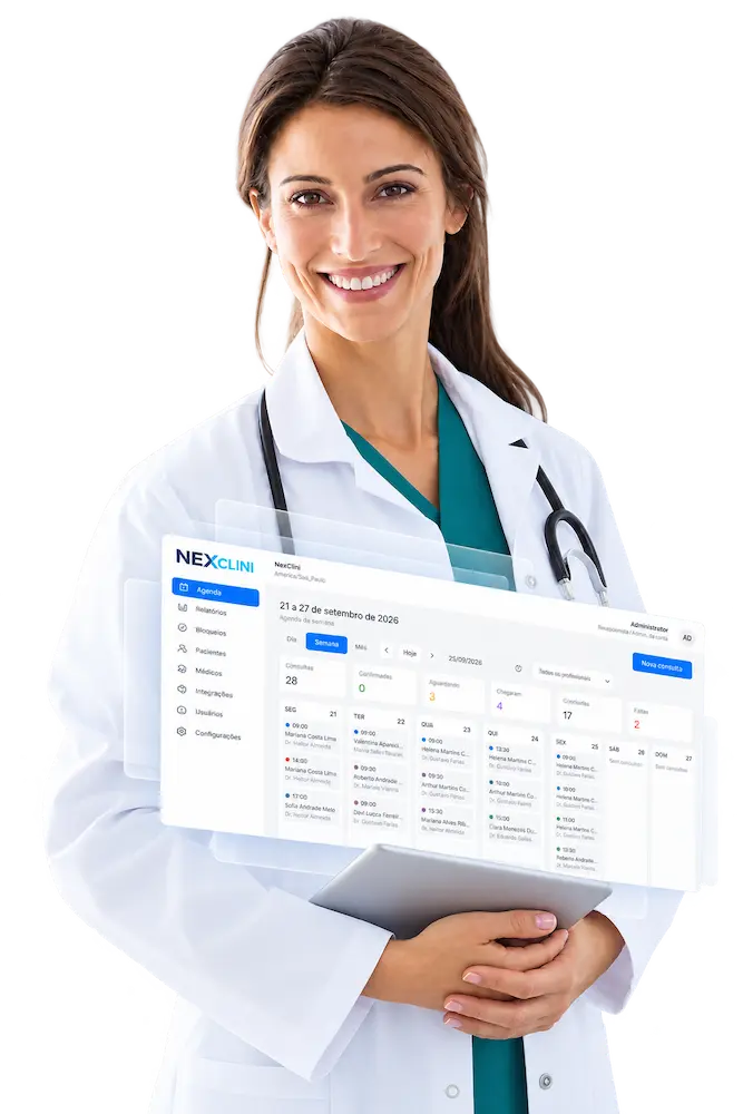 Médica sorrindo, com jaleco e estetoscópio, apresentando a agenda do NexClini.